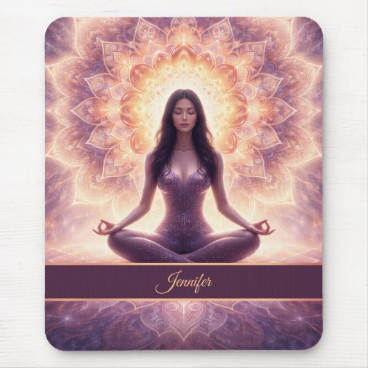Gloeiende Mandala Meditatie Vrouw Aangepaste Naam Muismat (Voorkant)