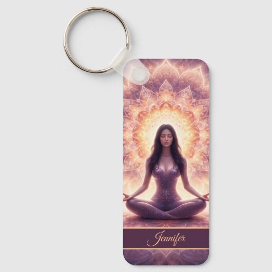 Gloeiende Mandala Meditatie Vrouw Aangepaste Naam Sleutelhanger (Voorkant)