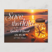 Gloeiende Mason Jar Sunset Beach Save the Date Aankondigingskaart (Voorkant)