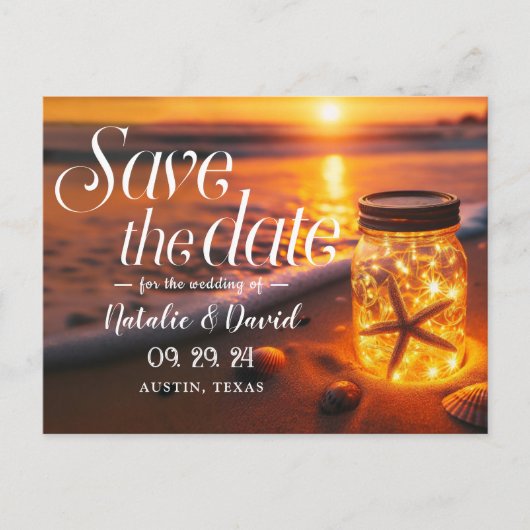Gloeiende Mason Jar Sunset Beach Save the Date Aankondigingskaart (Voorkant)