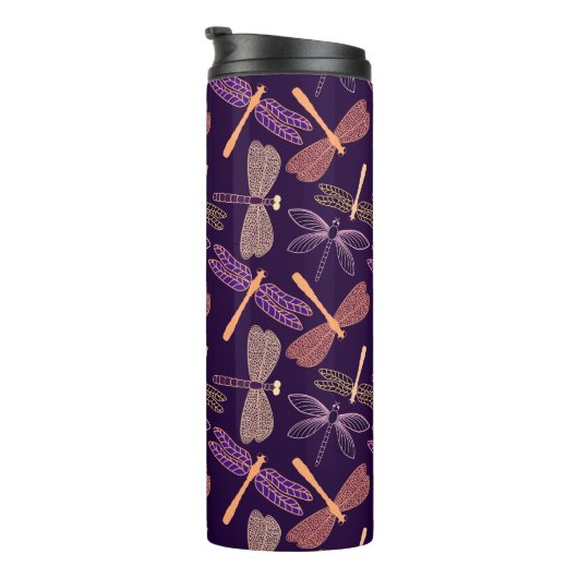 Gloeiende nachtlibellen op de achtergrond van de d thermosbeker (Geroteerd rechts)