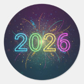 Gloeiende neon 2026 nummers met confetti en firewo ronde sticker (Voorkant)
