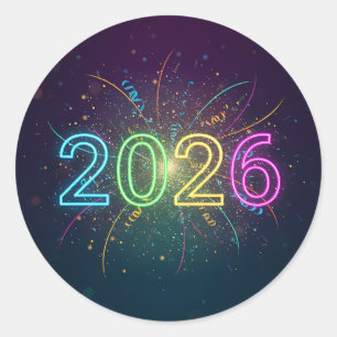 Gloeiende neon 2026 nummers met confetti en firewo ronde sticker