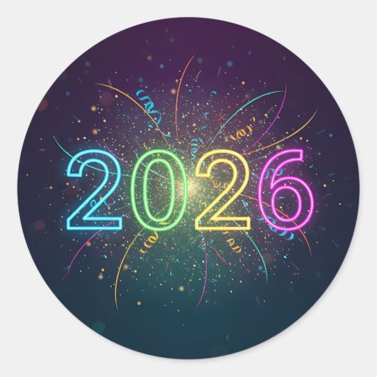 Gloeiende neon 2026 nummers met confetti en firewo ronde sticker (Voorkant)
