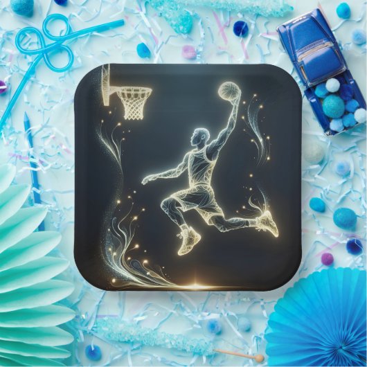 Gloeiende Neon Basketbalspeler Papieren Bordje (Feest)