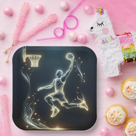 Gloeiende Neon Basketbalspeler Papieren Bordje (Feest)