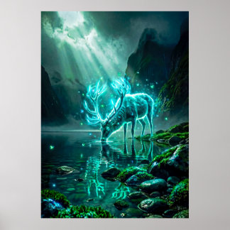 Gloeiende Neon Cyaan Ethische Herten Fantasie Poster