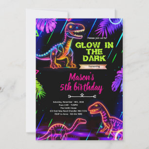 Gloeiende neon dinosaurus verjaardagsuitnodiging kaart