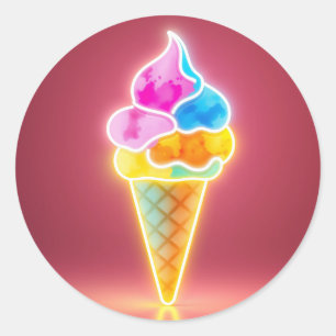 Gloeiende Neon Ice Cream Cone met Levendige Schepp Ronde Sticker