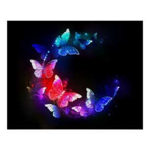 Gloeiende neon nacht vlinders op zwarte achtergron perfect poster