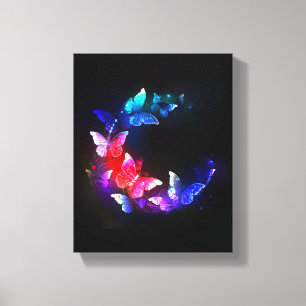 Gloeiende neon nachtvlinders op zwarte achtergrond canvas afdruk
