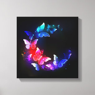 Gloeiende neon nachtvlinders op zwarte achtergrond canvas afdruk