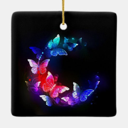 Gloeiende neon nachtvlinders op zwarte achtergrond keramisch ornament (Achterkant)
