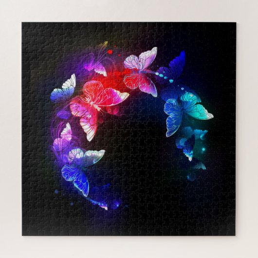 Gloeiende neon nachtvlinders op zwarte achtergrond legpuzzel (Horizontaal)