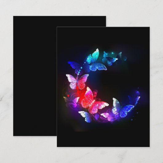 Gloeiende neon nachtvlinders op zwarte achtergrond save the date (Voorkant / Achterkant)