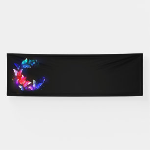Gloeiende neon nachtvlinders op zwarte achtergrond spandoek
