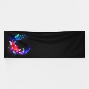 Gloeiende neon nachtvlinders op zwarte achtergrond spandoek