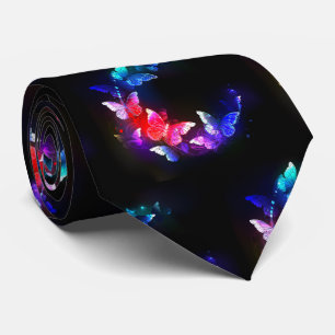 Gloeiende Neon Nachtvlinders op Zwarte achtergrond Stropdas