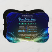 GLOEIENDE NEON STERREN Bar Mitswa Uitnodiging blau (Voorkant / Achterkant)