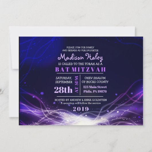 GLOEIENDE NEON STERREN Bat Mitzvah Uitnodiging Paa (Voorkant)