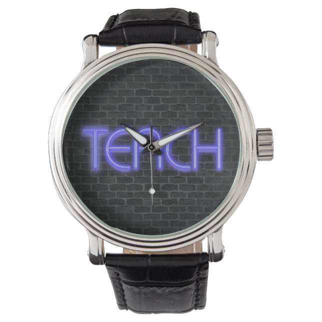 gloeiende neon TEACH tekst op baksteen Horloge (Voorkant)