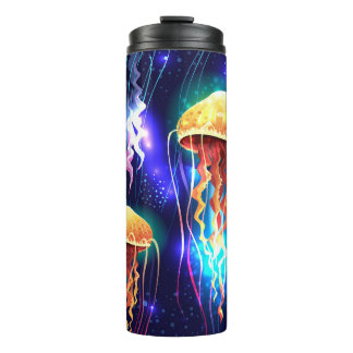 Gloeiende onderwater kwal horizontale banner thermosbeker