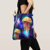 Gloeiende onderwater kwal horizontale banner tote bag (Dichtbij)