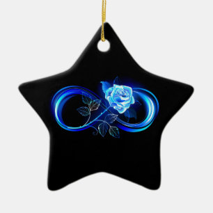 Gloeiende oneindigheid met blauwe roos keramisch ornament
