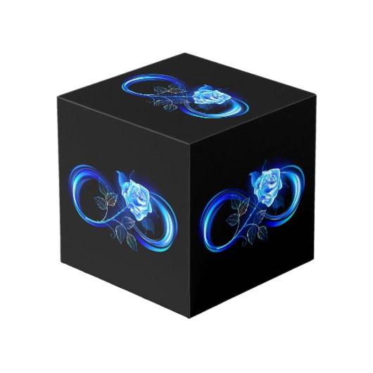 Gloeiende oneindigheid met blauwe roos kubus (Voorkant hoekig)