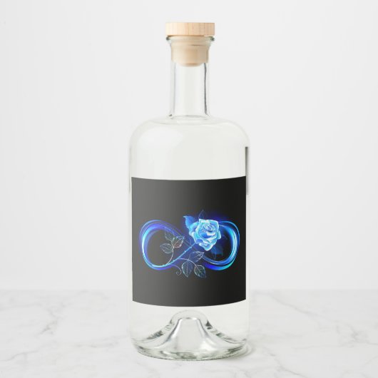 Gloeiende oneindigheid met blauwe roos likeurfles etiket (Voorkant)