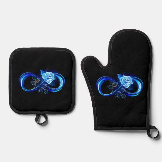 Gloeiende oneindigheid met blauwe roos ovenwant & pannenlap set (Voorkant)