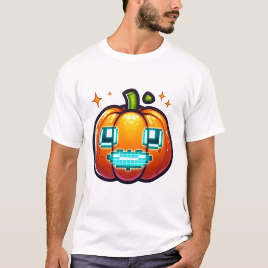 Gloeiende Pixel Pompoen Halloween Retro Gamer T-shirt (Voorkant)