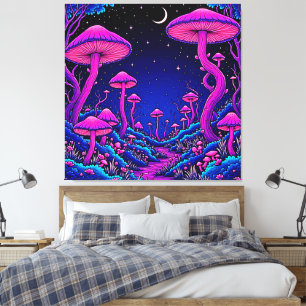 Gloeiende Psychedelic Mushroom Forest Night Canvas Afdruk