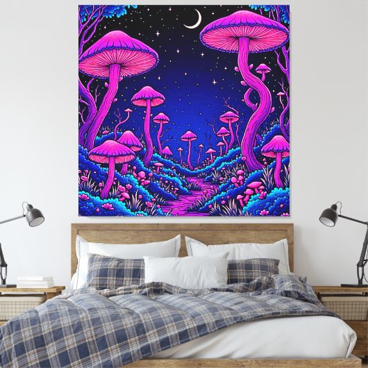Gloeiende Psychedelic Mushroom Forest Night Canvas Afdruk (Insitu (Slaapkamer))