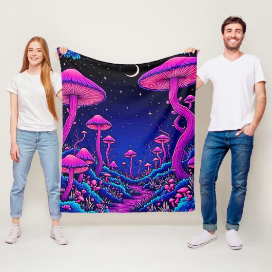 Gloeiende Psychedelic Mushroom Forest Night Fleece Deken (In situ)