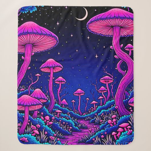 Gloeiende Psychedelic Mushroom Forest Night Sherpa Deken (Voorkant)