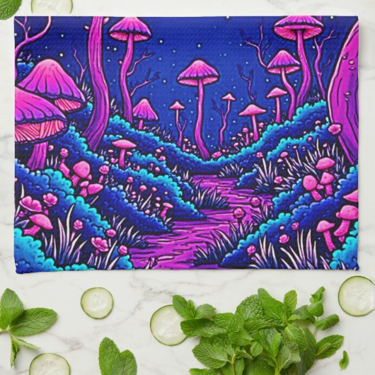 Gloeiende Psychedelic Mushroom Forest Night Theedoek (Gevouwen)