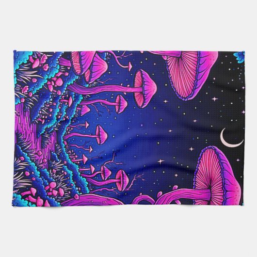 Gloeiende Psychedelic Mushroom Forest Night Theedoek (Horizontaal)