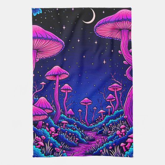 Gloeiende Psychedelic Mushroom Forest Night Theedoek (Verticaal)