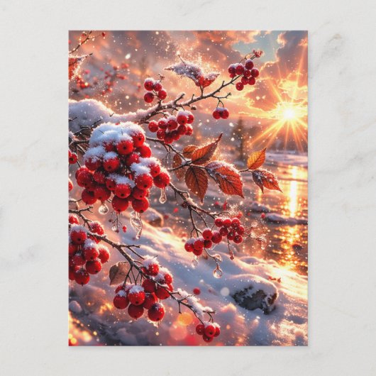 Gloeiende Rode Bessen Sneeuw van Winter Briefkaart (Voorkant)