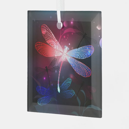 Gloeiende rode libel glas ornament (Voorkant links)