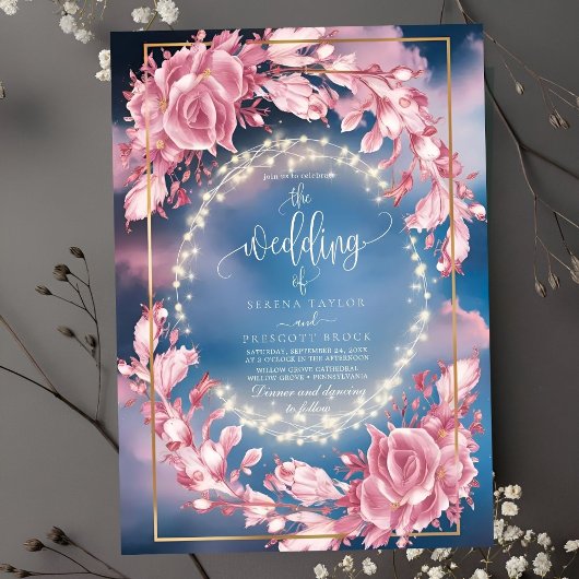 Gloeiende Rosy Flowers Sparkles bruiloft uitnodigi Kaart