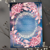 Gloeiende roze bloemen en sprankelende bruiloft informatiekaartje