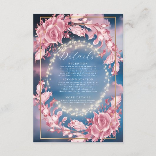 Gloeiende roze bloemen en sprankelende bruiloft informatiekaartje (Voorkant)