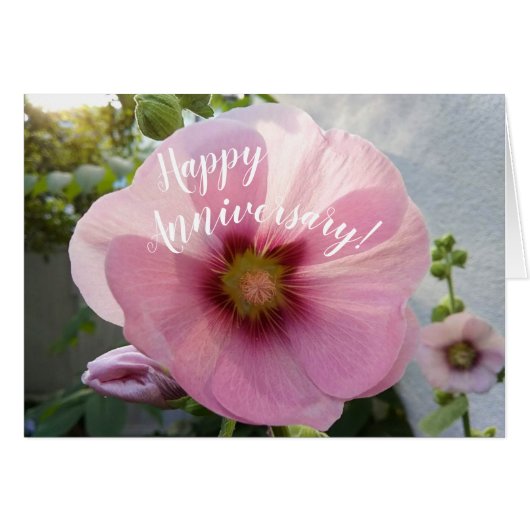 Gloeiende roze Hollyhock Flower Jubileum Kaart (Voorkant Horizontaal)