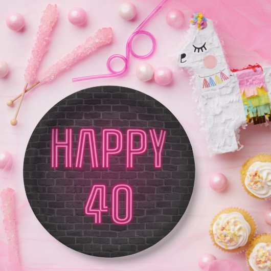 Gloeiende Roze Neon Zucht voor 40e Verjaardag Papieren Bordje (Feest)