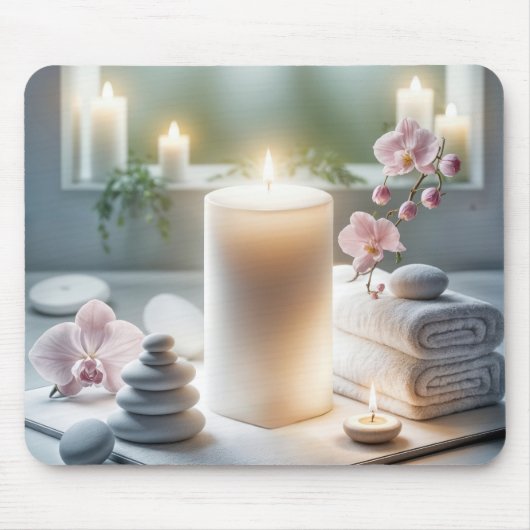 Gloeiende spa kaarsen met orchideeën en handdoeken muismat (Voorkant)