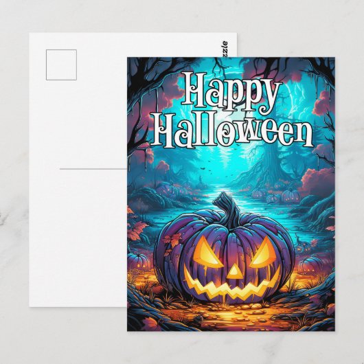 Gloeiende Spooky Halloween Pompoen Briefkaart (Voorkant / Achterkant)