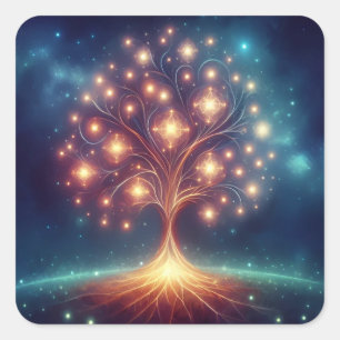 Gloeiende Star Moederdag Waterverf Tree of Life Vierkante Sticker