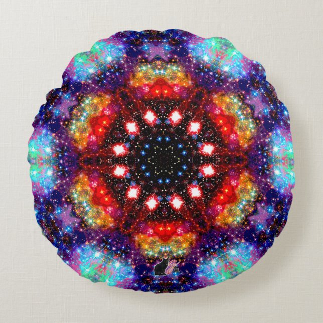 Gloeiende Stellaire Kaleid Ronde Kussen (Voorkant)